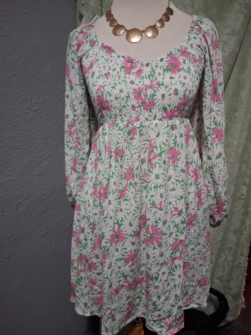 Chaser White Floral Smocked Mini Dress with Pink & Green Print